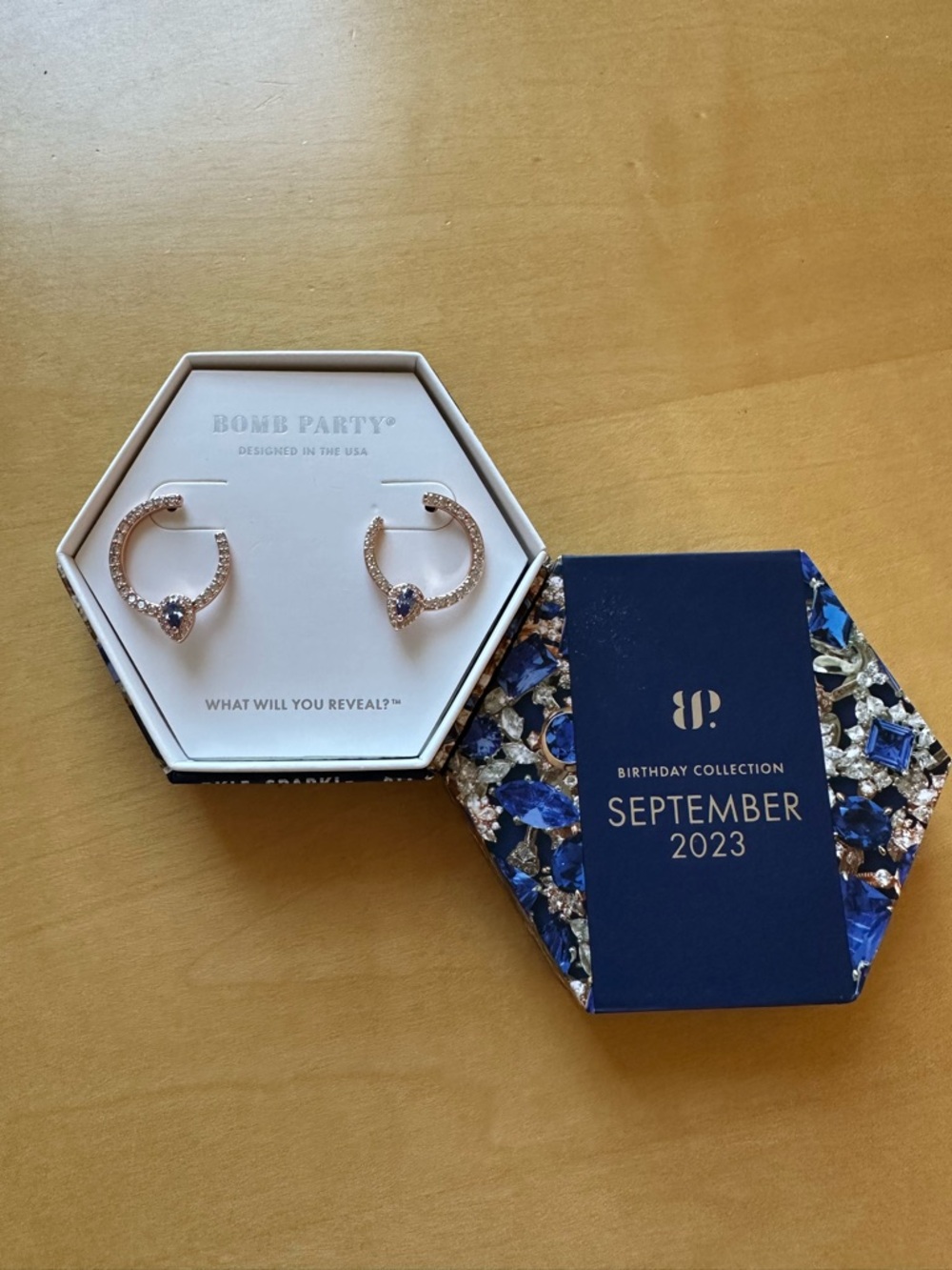 Bomb‎ Party Rose Gold Hoop Earrings Sapphire Cubic Zirconia